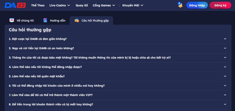 FAQs tại nhà cái DA88